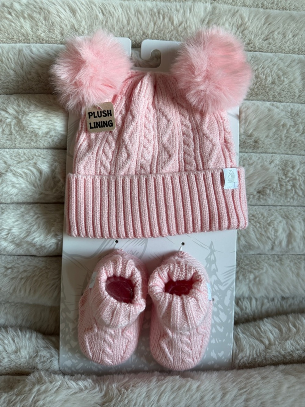 Rugged Bear Baby Hat & Booties Pink Plush Lining Fur Pom Pom 0-12 Months NEW!